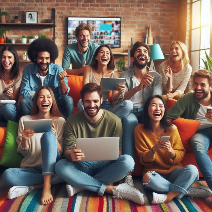 Group of friends playing the game on their phones, laughing and enjoying the moment together.