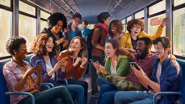 Peoples are enjoying and having fun by playing mobile game in Train.