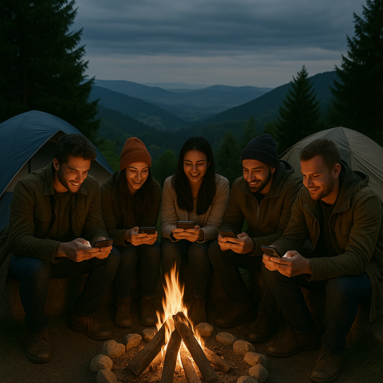 Friends around a campfire playing on their phones at Hills