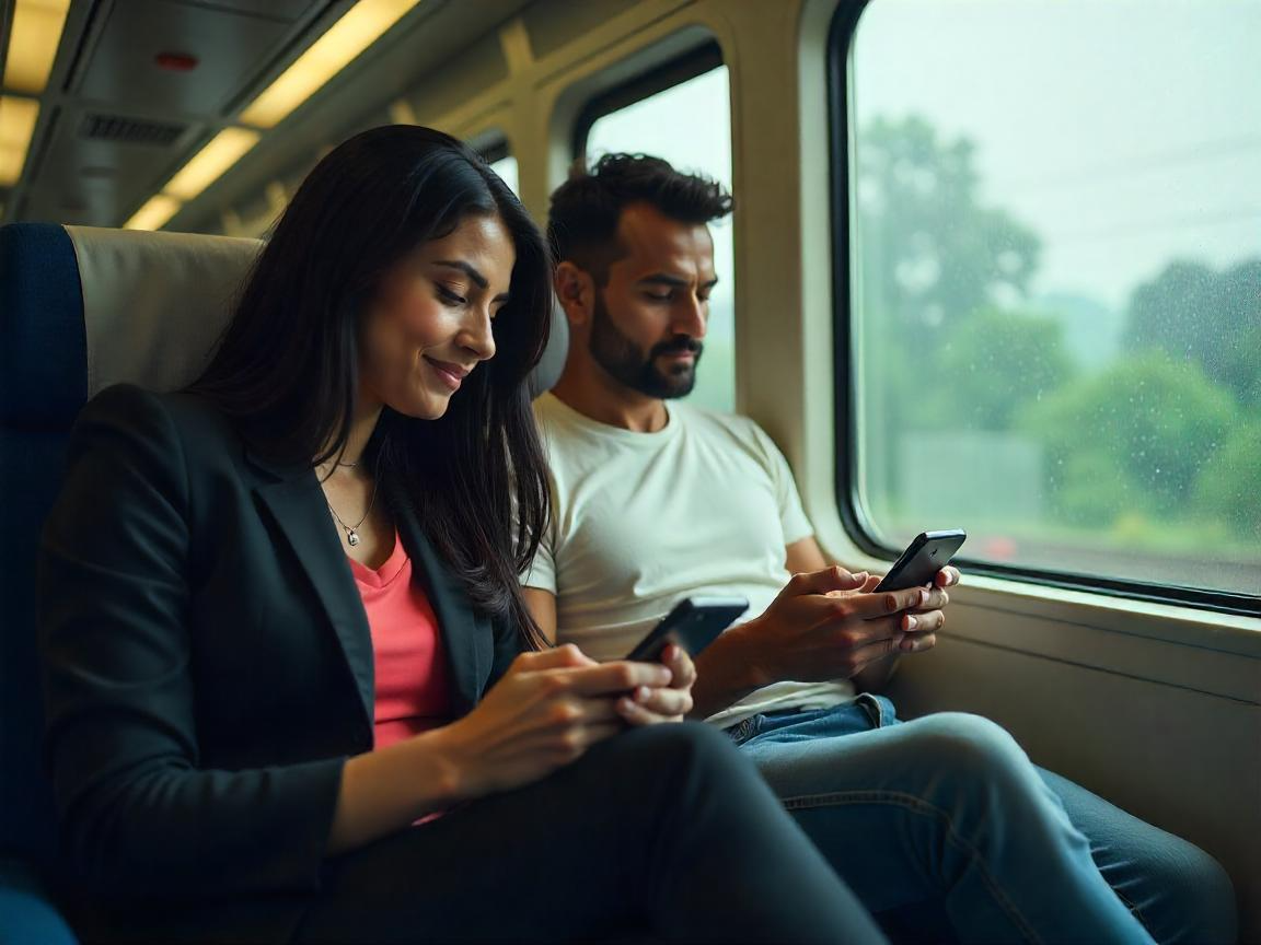 Two Friends playing game on their phones while traveling in a train.