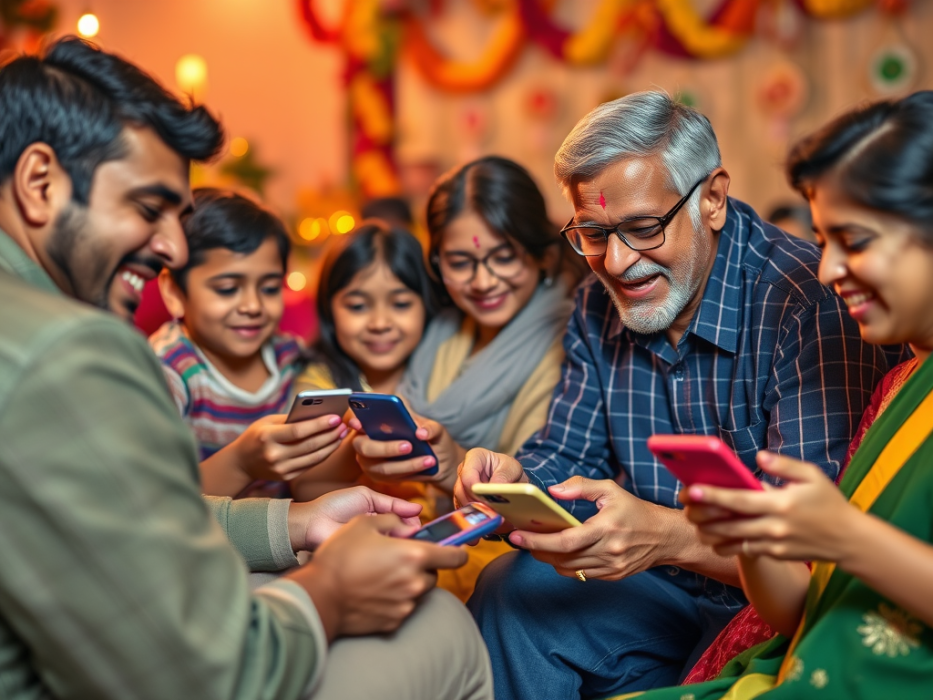 Family playing Mindi card game on mobiles in festival.
