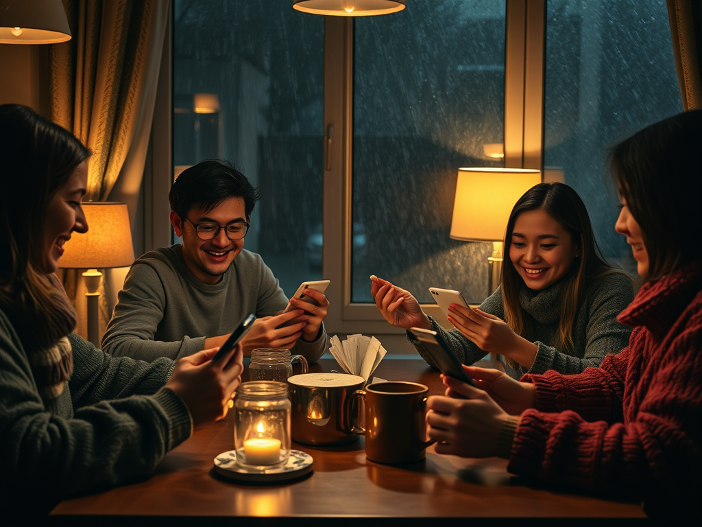 Group of friends laughing and competing while playing Spades Multiplayer on their devices.