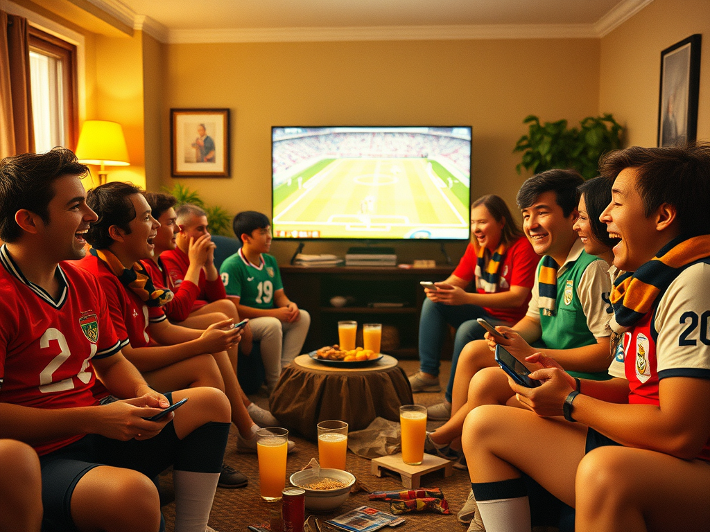 Sports fans in jerseys playing Mindi Multiplayer Card Game on phones during half-time, keeping the energy alive with quick matches.