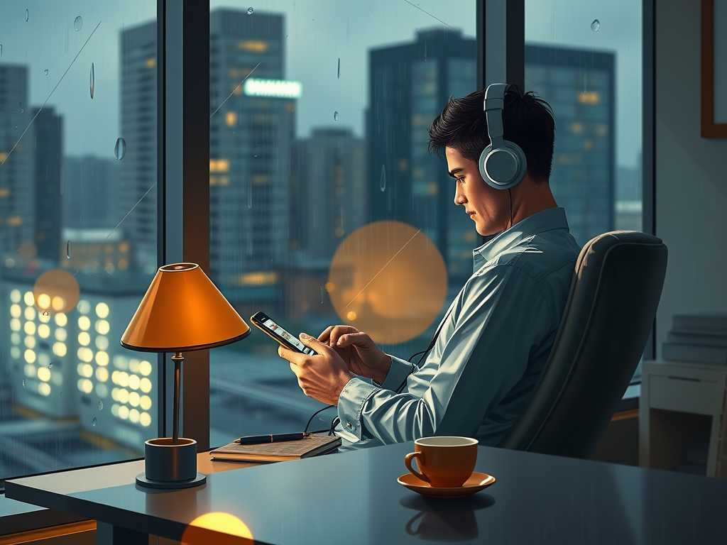 Employee playing Tonk offline card game by office window on a rainy day.