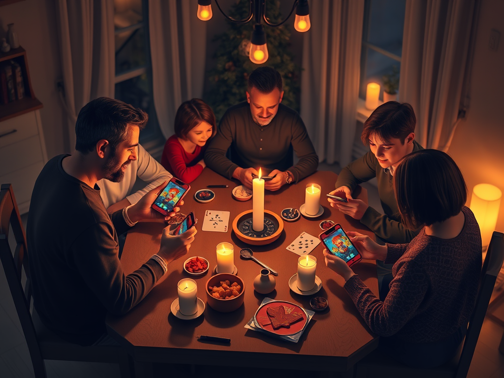 Family enjoying Tonk Offline Card Game on their phones during a blackout.