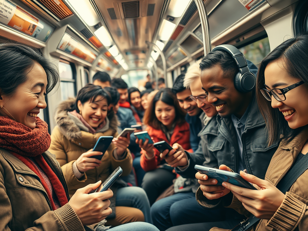 Young commuter on a subway train playing the Tonk Offline Card Game on a smartphone.