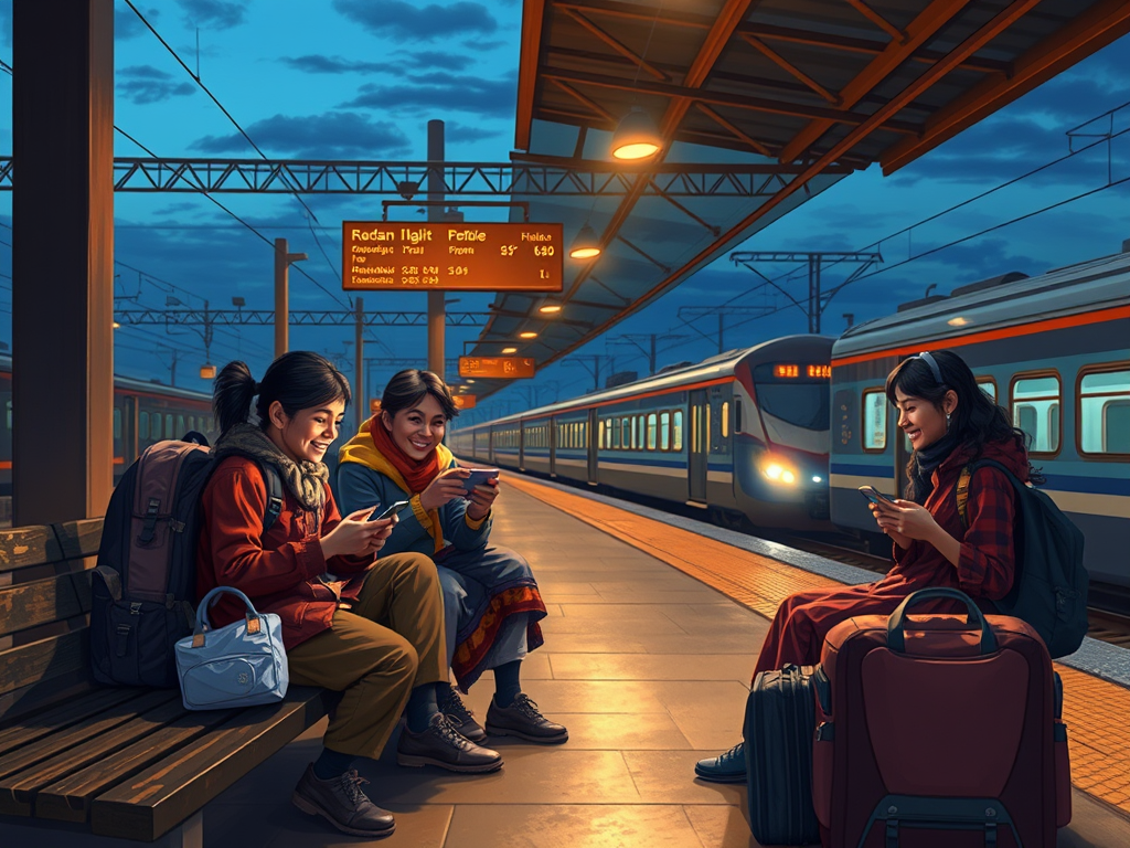 Friends sitting on a busy train station platform bench, laughing and playing Bhabhi Multiplayer on their smartphones during a train delay.