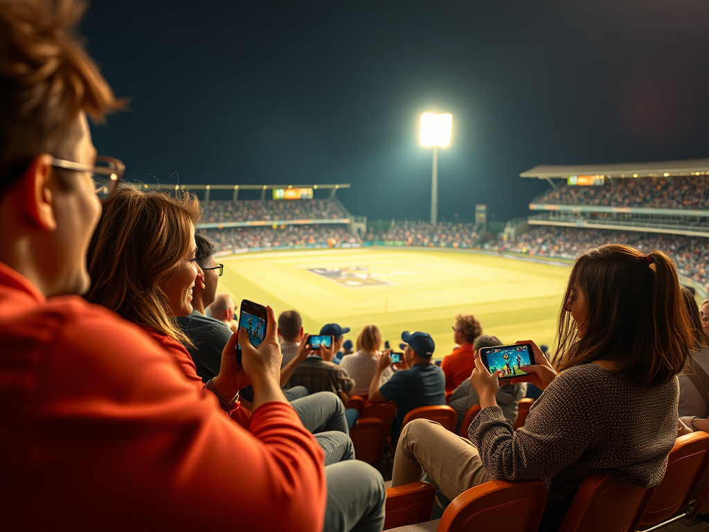 Fans at a cricket stadium during halftime playing Mindi Multiplayer on phones, laughing and bonding while waiting for the next innings.