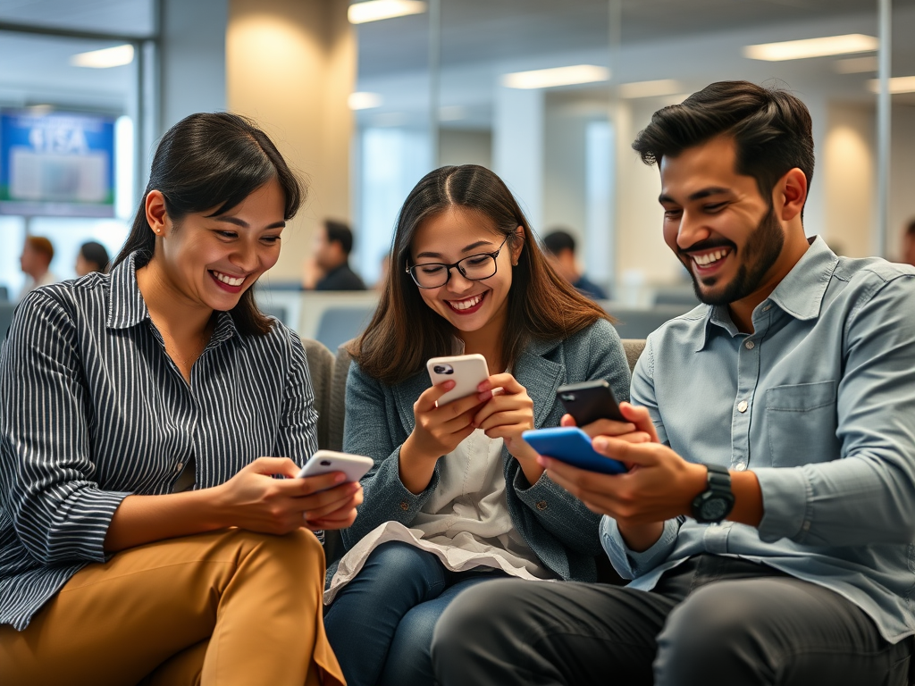 Friends playing Spades Multiplayer on phones in a visa office.